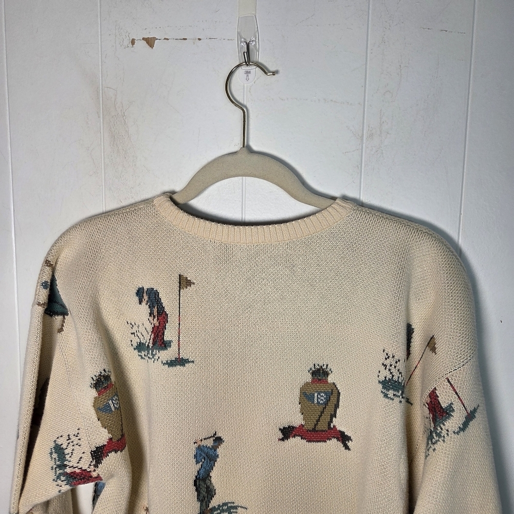 Vtg Neiman Marcus Cotton Golf Print Sweater Size Large Union Made Made In USA - Picture 8 of 16